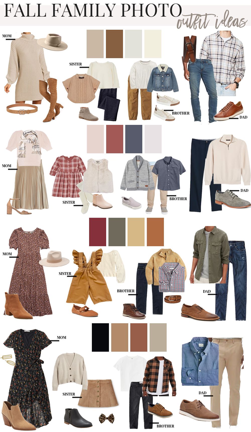 Fall family photo outfit style guide with coordinating neutral and earth-toned clothing combinations.