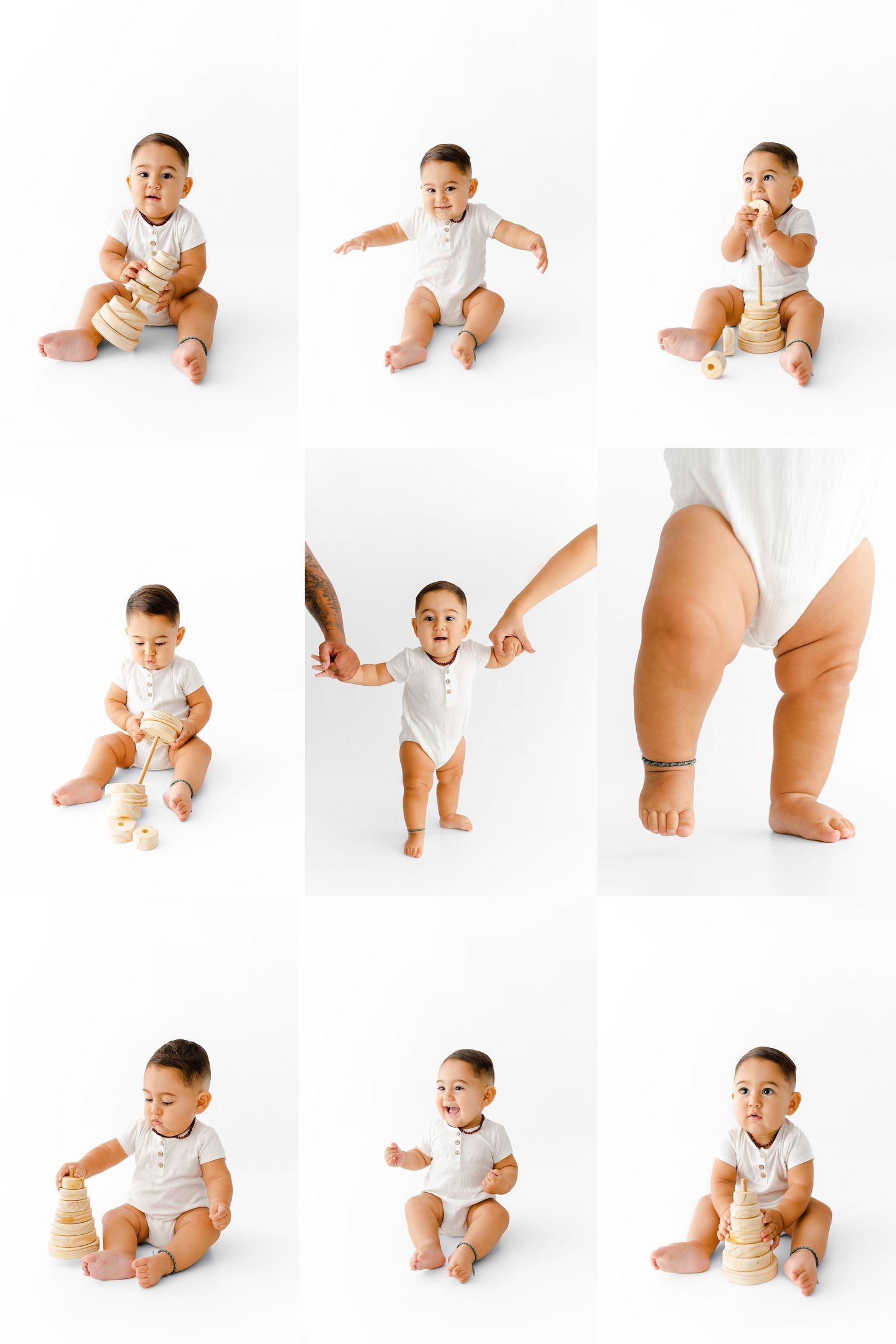 Collection of milestone photos showing a baby in white onesie on white background.