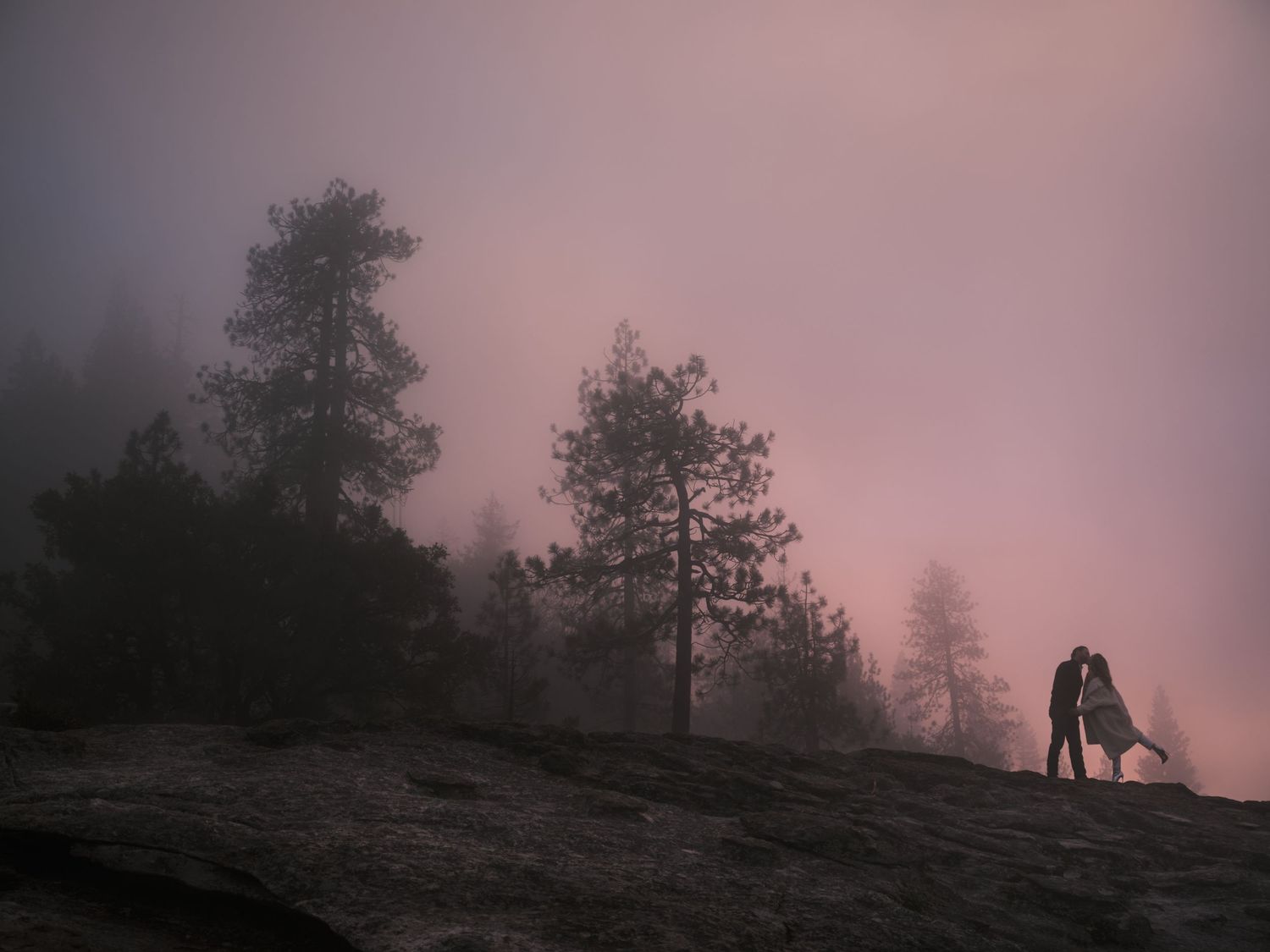 Bride and Groom with foggy sunset for Yosemite Elopement