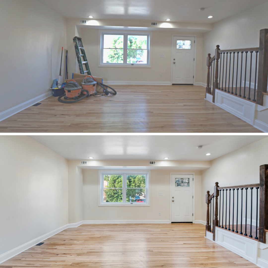 Before and after renovation of empty room with hardwood floors and fresh white walls.