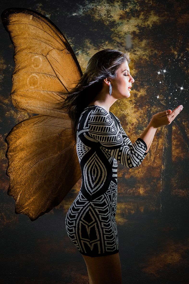 Artistic photo sequence with golden butterfly wings against a dark textured background.