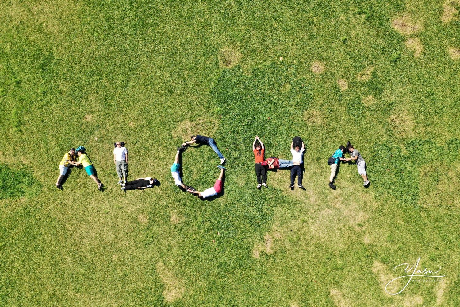 People lying on green grass forming the word ALOHA photographed from aerial drone perspective.
ハワイウェディング
ハワイ挙式
