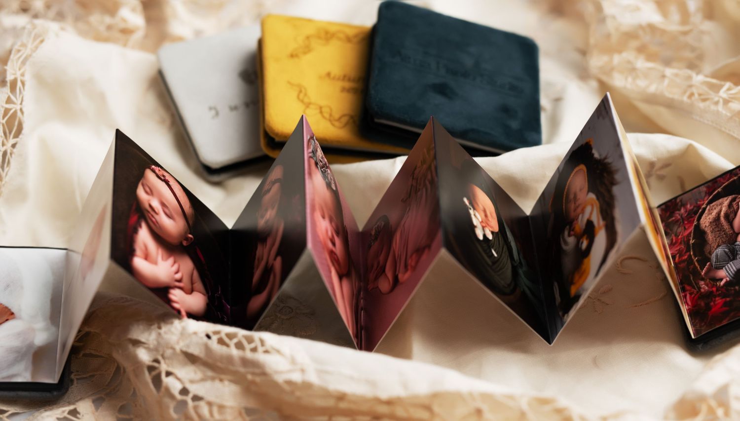 Accordion-style photo display with velvet cushions in multiple colors.