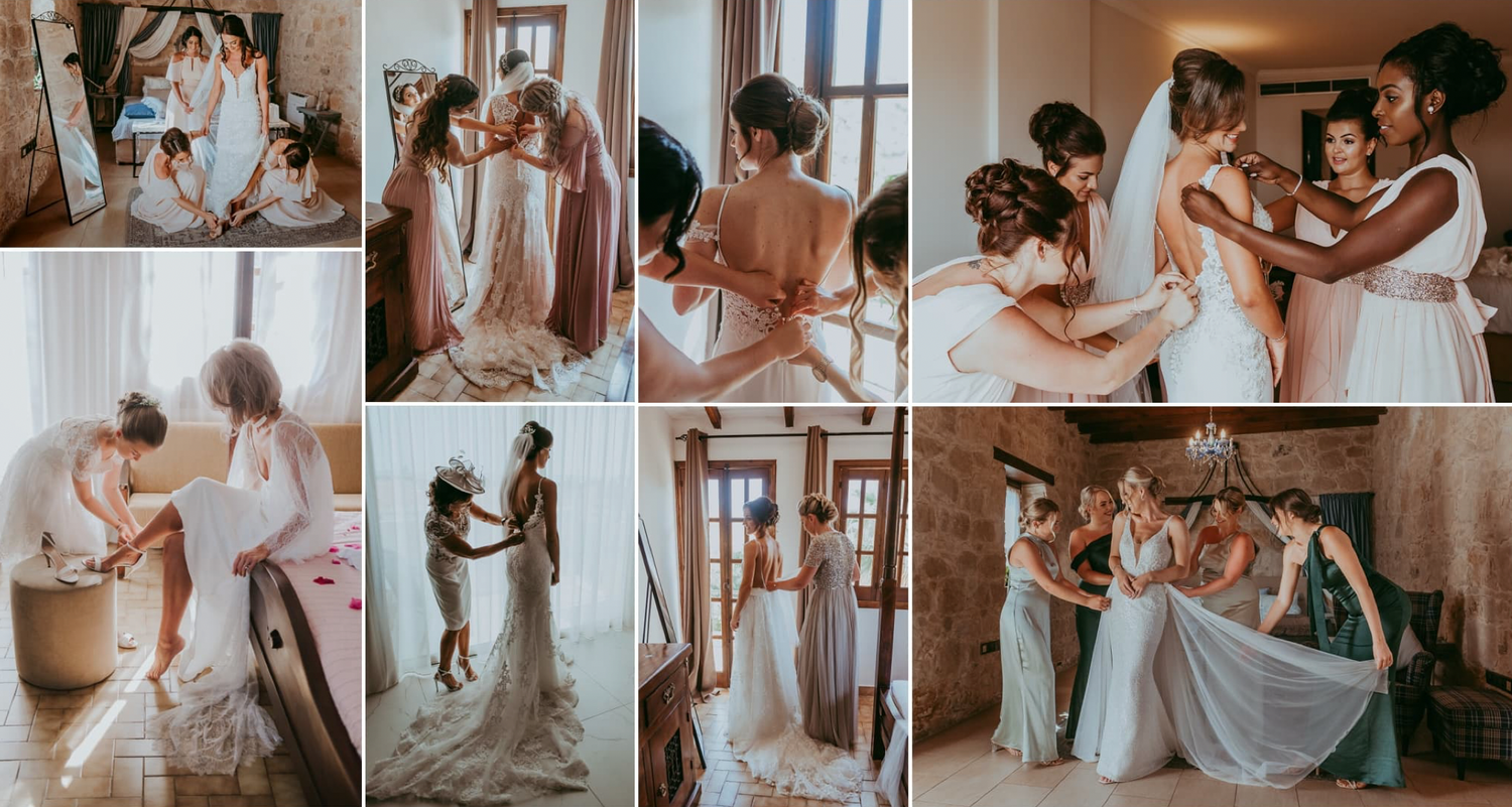 Collage of getting ready moments in soft, muted tones showing wedding preparations.