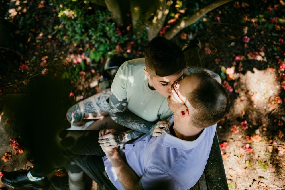 pov from above of white couple kissing on bench at rose garden portland oregon family photographer kimberly marie kimble