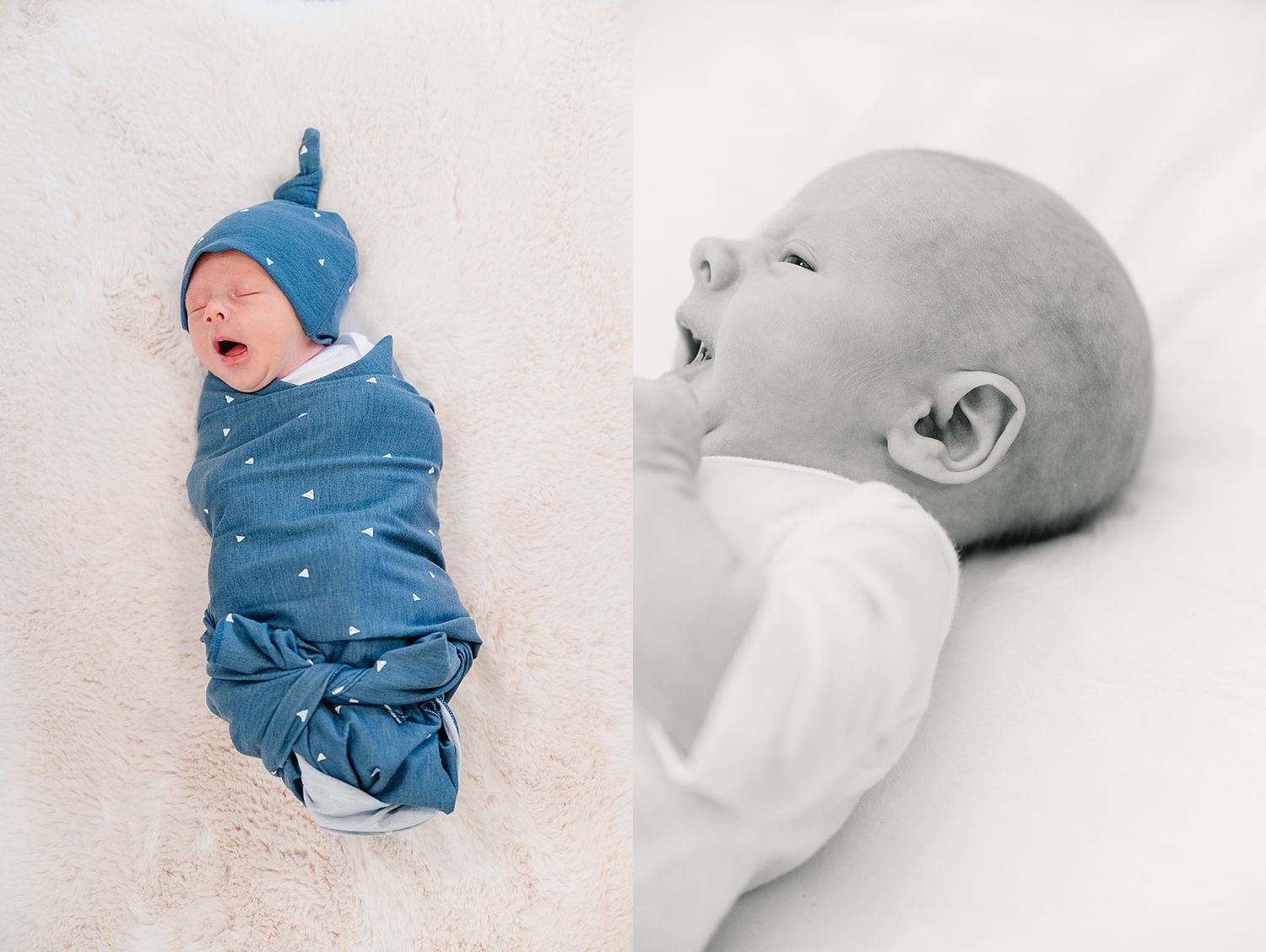 Two photos of a newborn baby - one in blue swaddle and one in black and white.