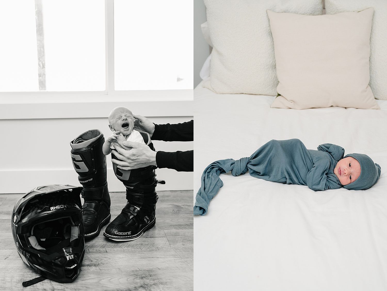 Side-by-side photos of baby shoes with motorcycle helmet and sleeping infant in blue.