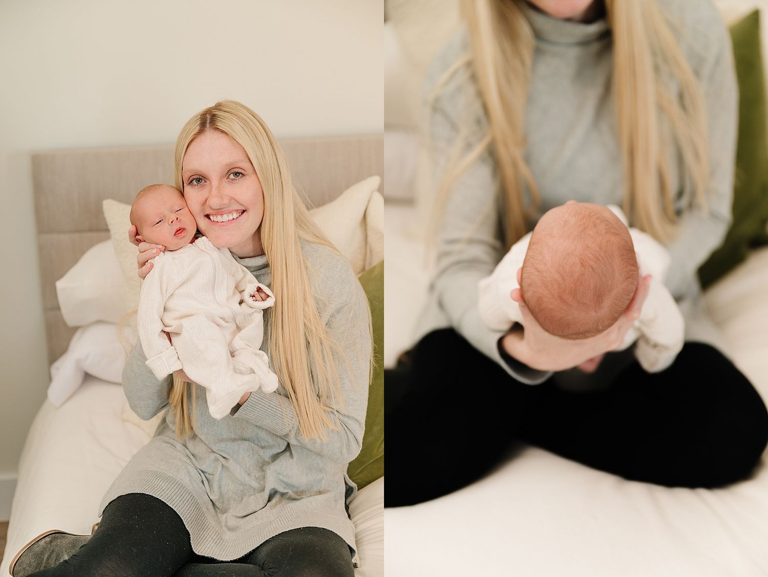 Two intimate portraits showing tender moments with a newborn baby.