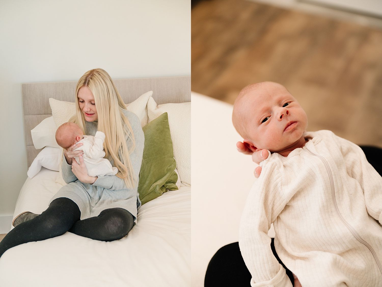 Sweet candid moments captured between parent and newborn in cozy home setting.