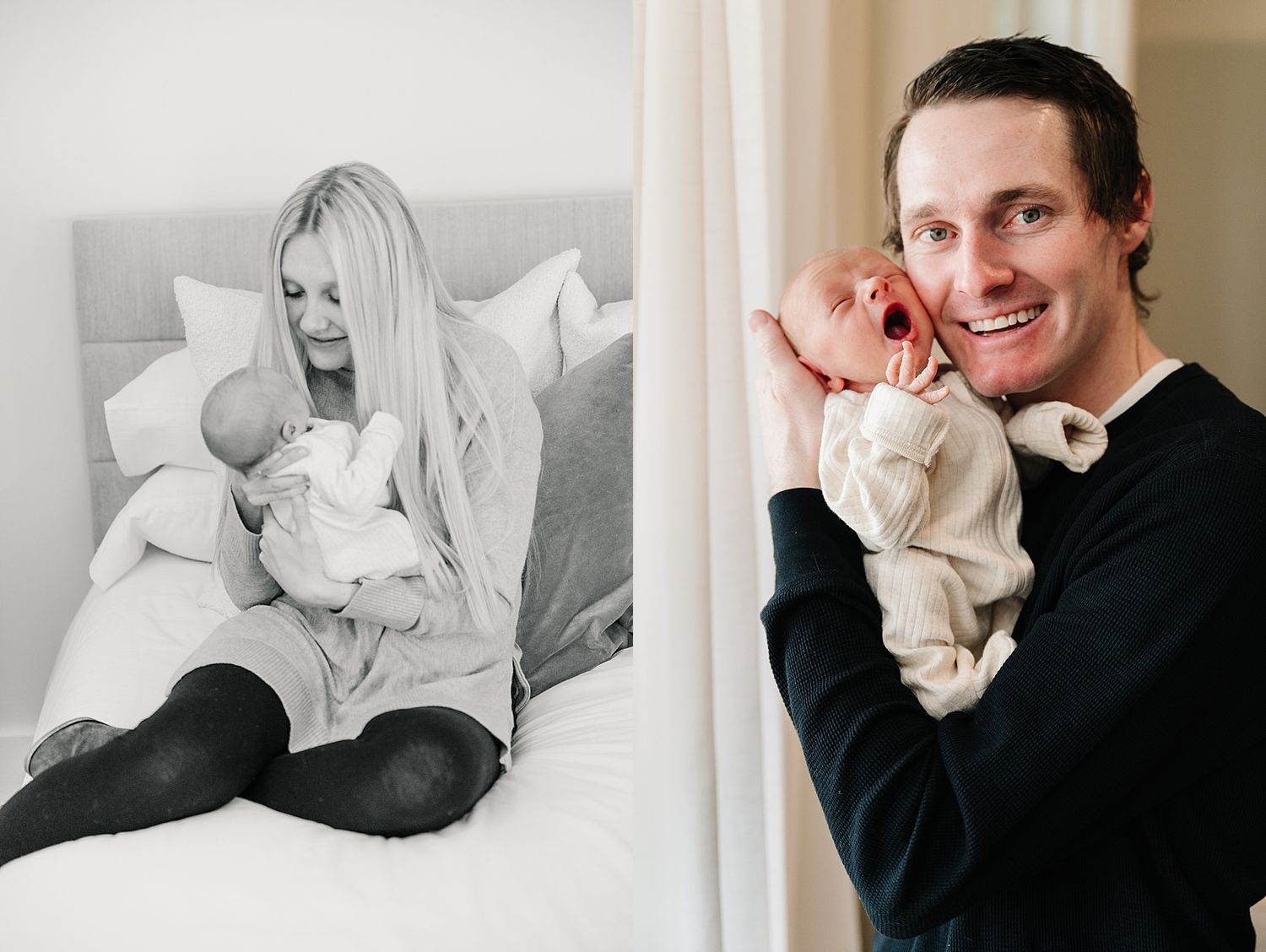 Black and white and color photos showing tender moments with a newborn baby.