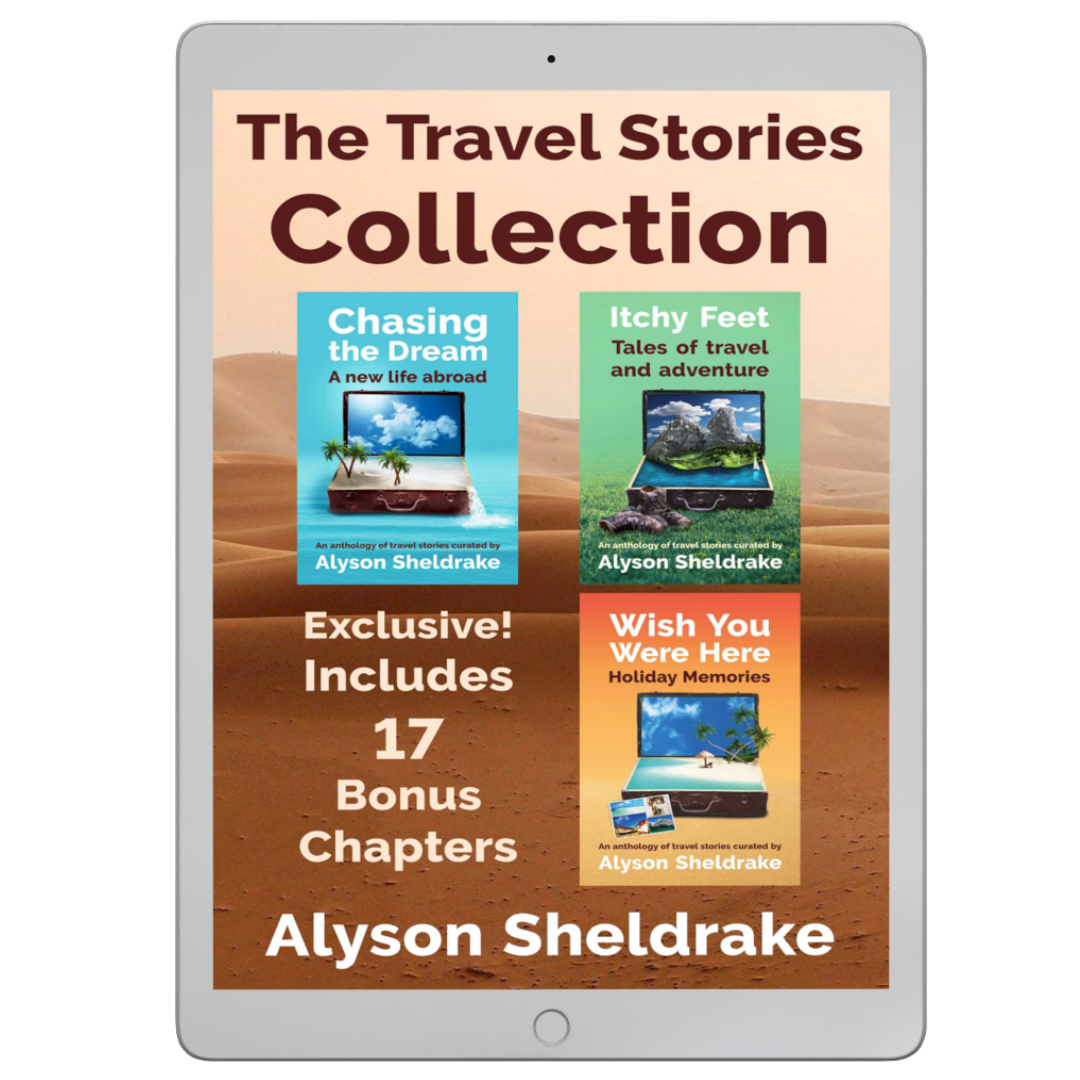 The Travel Stories Collection by Alyson Sheldrake ebook displayed on a tablet, includes 17 bonus chapters with all three books.