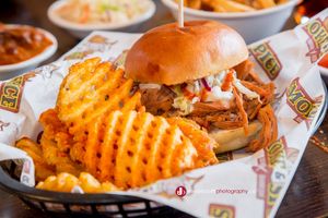 food branding images for menu item; chicken burger and waffle fries Smoke and Spice restaurant southern BBQ