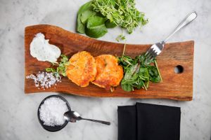 food branding images for menu item; fish cakes
