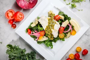 food branding images for menu item; healthy salad with fish