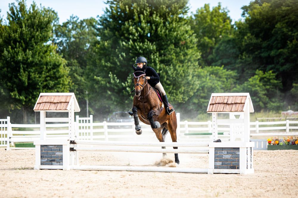Horse and rider clearing a show jumping fence at an outdoor competition arena.