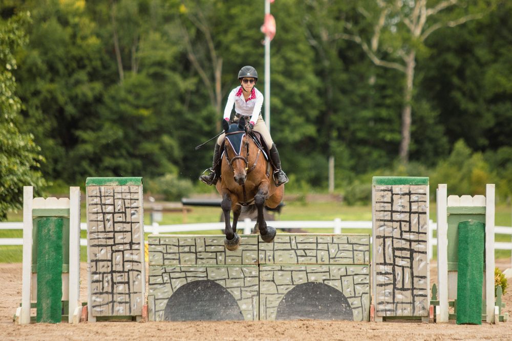 Horse and rider navigating a stone-walled show jumping course outdoors.