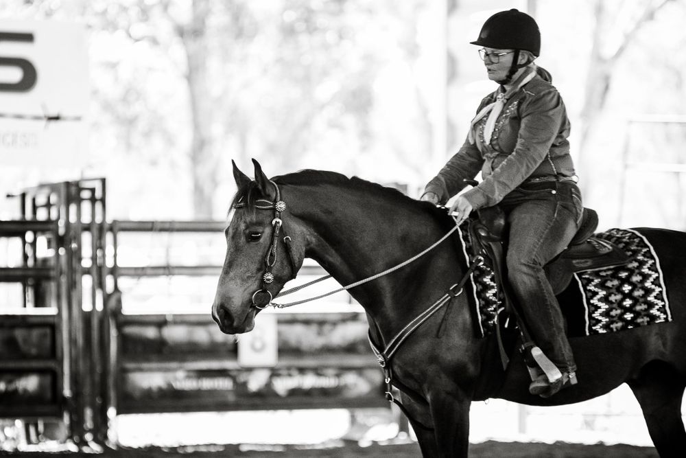 Black and white photo of an equestrian rider practicing in an arena setting.