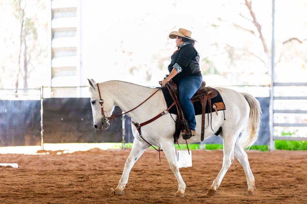 White horse and western rider practicing in sandy arena during training session.