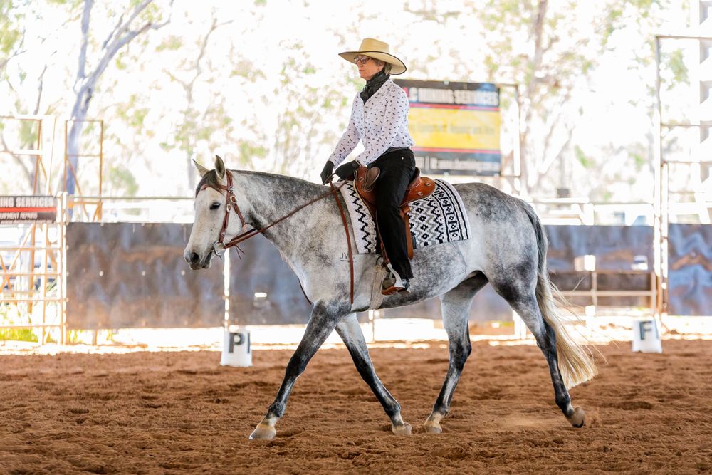 Gray horse and rider practicing western riding techniques in dusty arena.