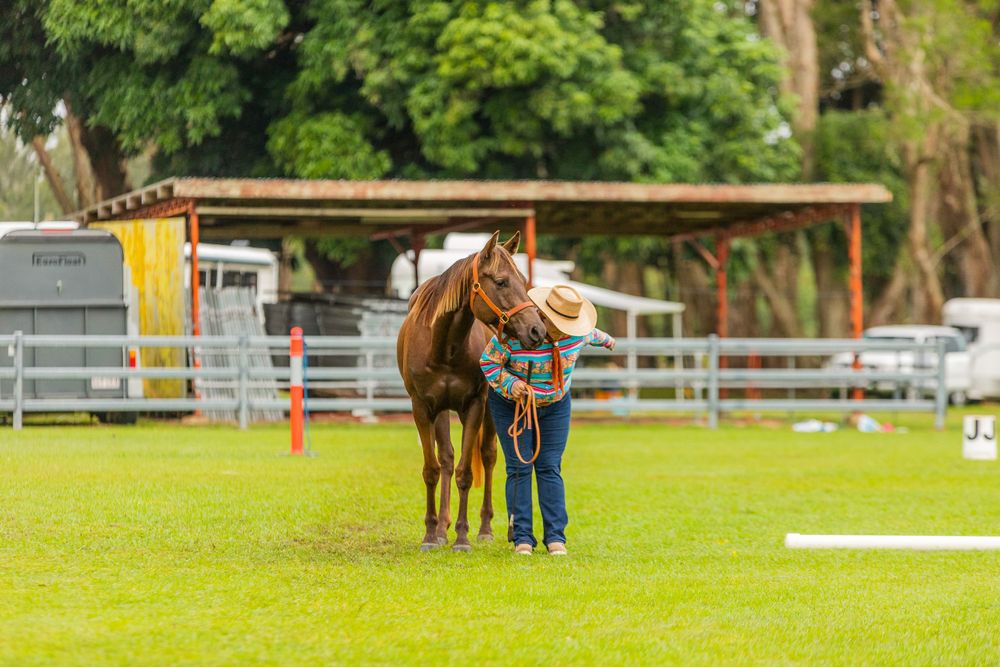 A bay horse stands with a handler in blue on a grassy training ground with white markers.