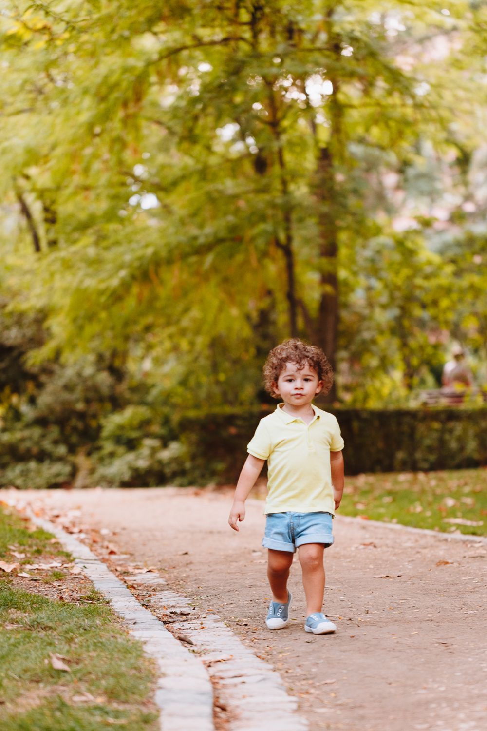Small child walking along a path surrounded by autumn trees.