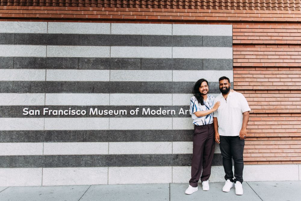 Same sex engagement portraits at San Francisco Museum of Modern Art.