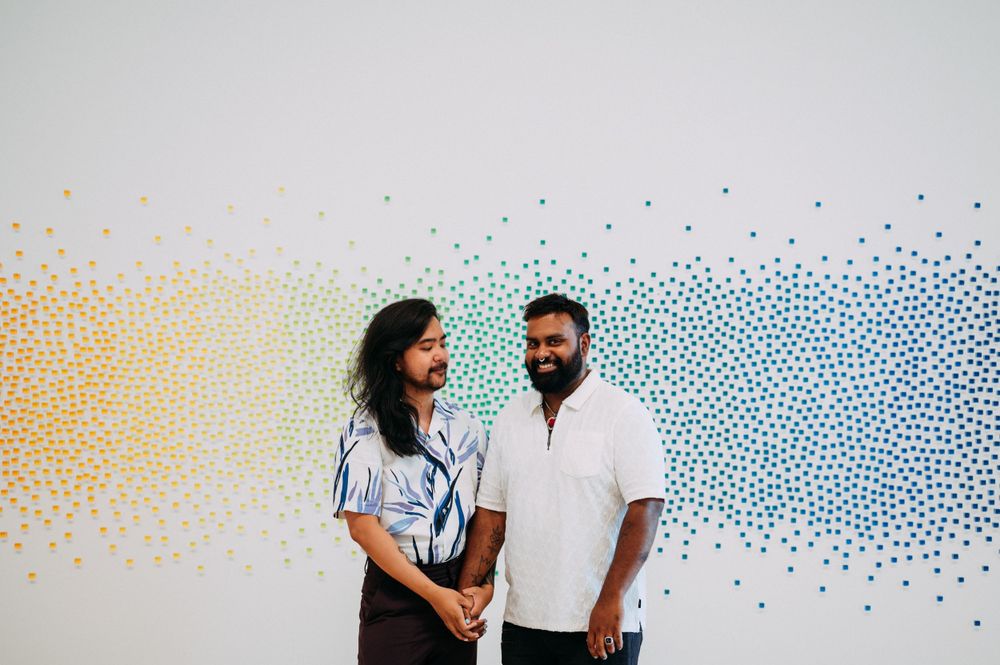LGBTQ engagement portraits at San Francisco Museum of Modern Art.