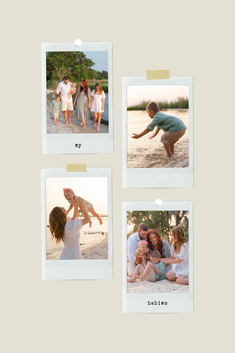 A collage of polaroid-style family beach photos showing various moments of play and connection.