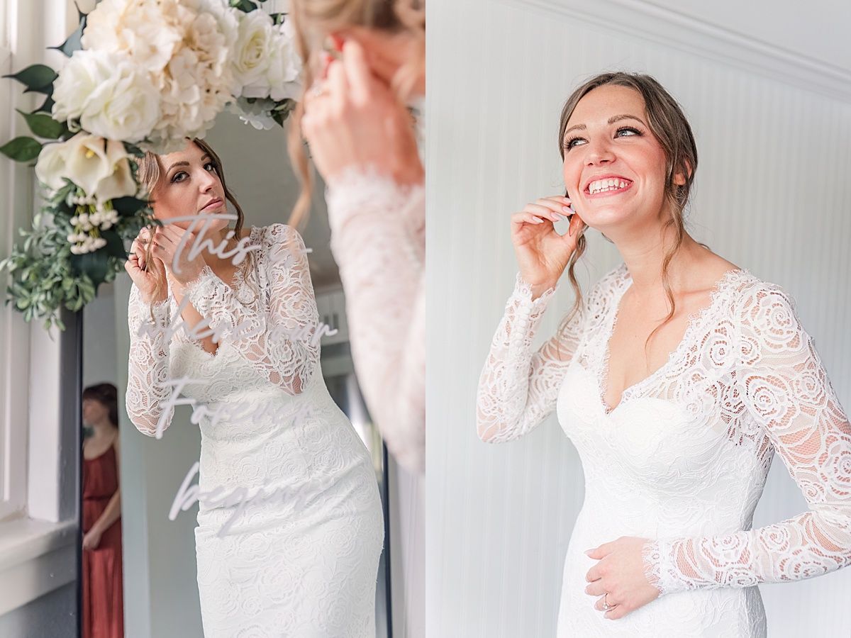 Wedding photographer captures bride putting on earrings in mirror