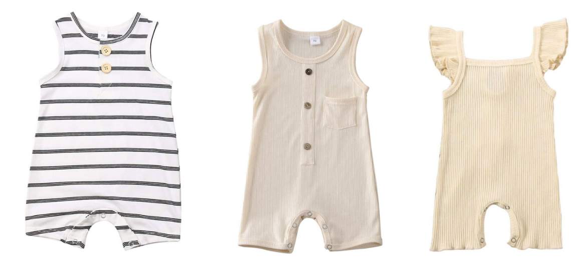 Baby rompers in neutral colors featuring striped, buttoned, and ruffled designs.