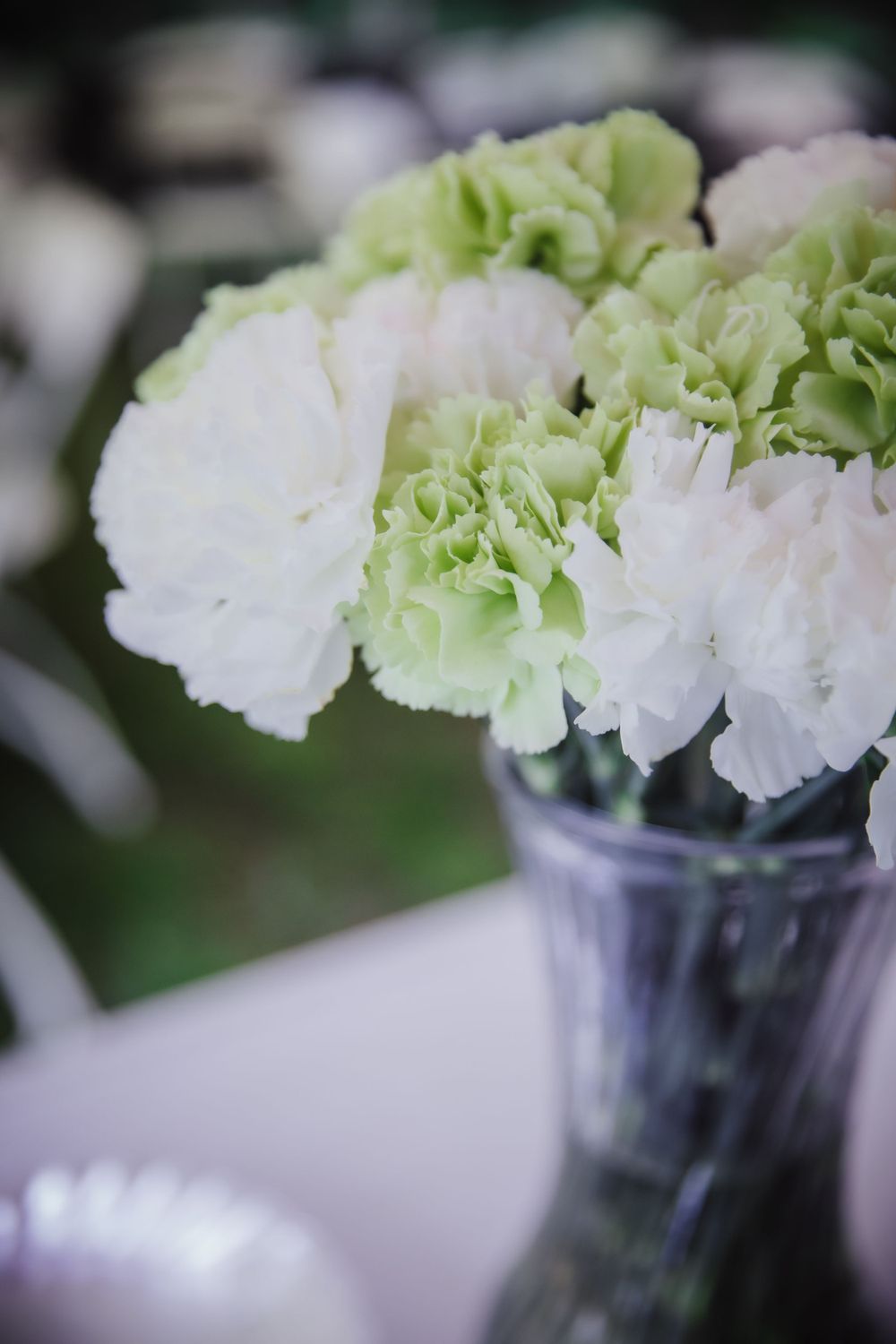 White and green carnations arranged in a clear glass vase with soft focus.