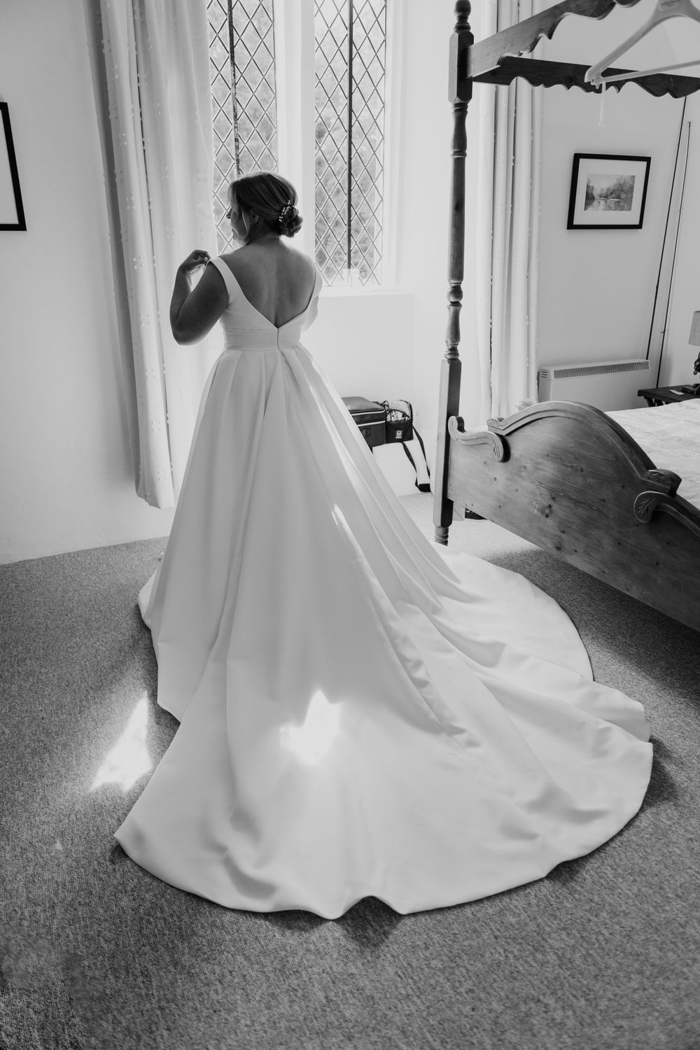 Bridal portrait of the bride in her wedding dress at Hareston Manor
