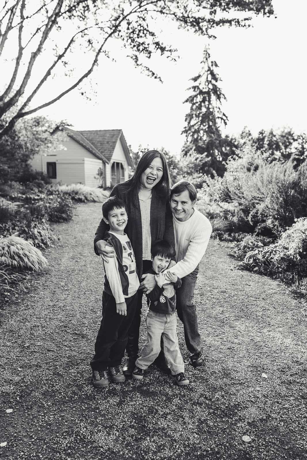 Black and white image of smiling family