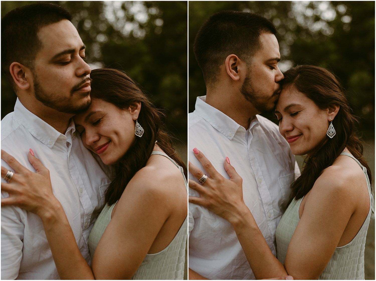 Two intimate portrait shots of a couple sharing sweet moments together.
