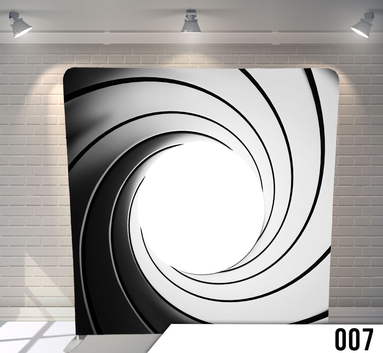 Classic gun barrel rifling spiral design from James Bond films in black and white.