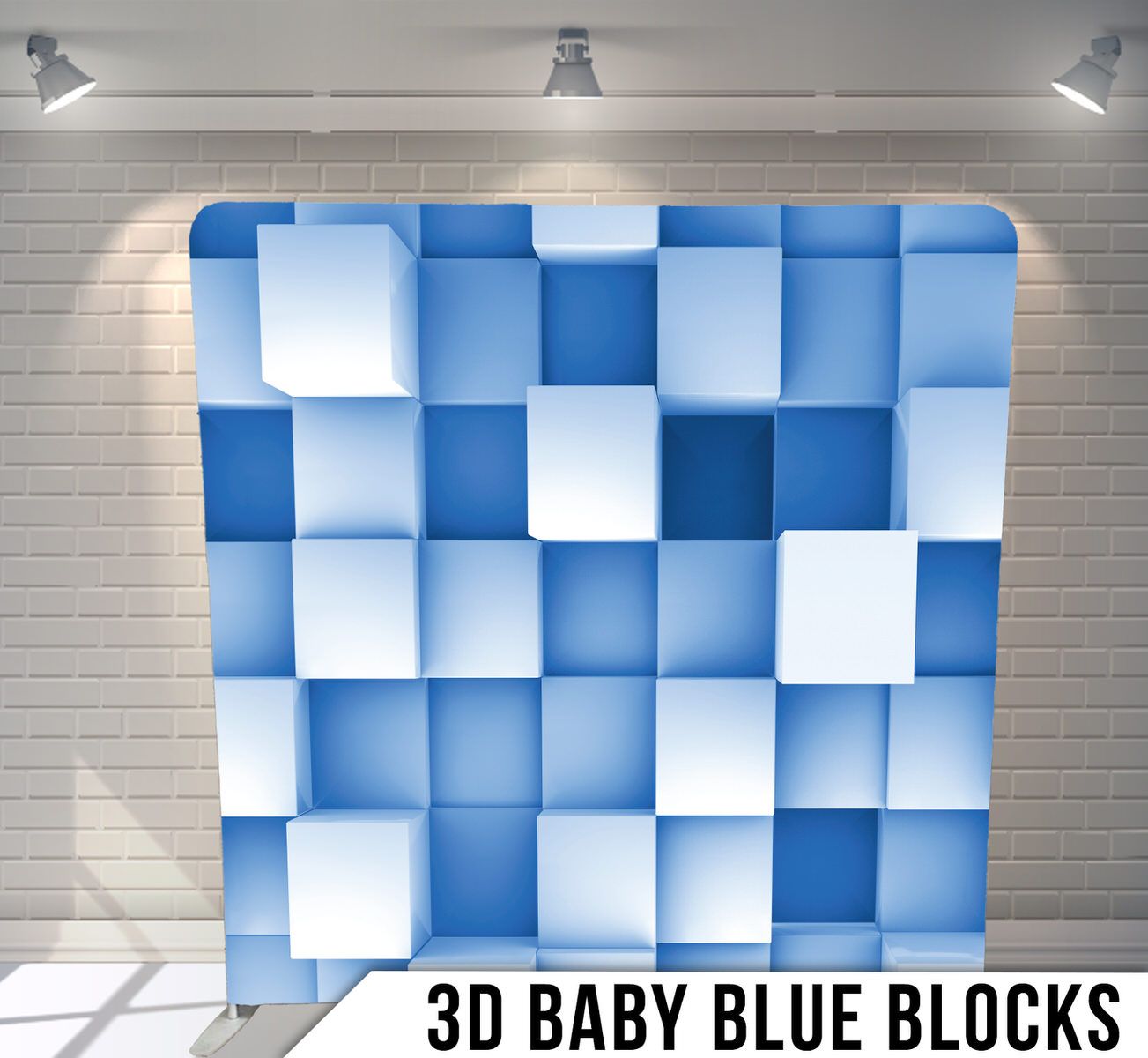 3D geometric pattern backdrop with blue and white checkered blocks under spotlights.
