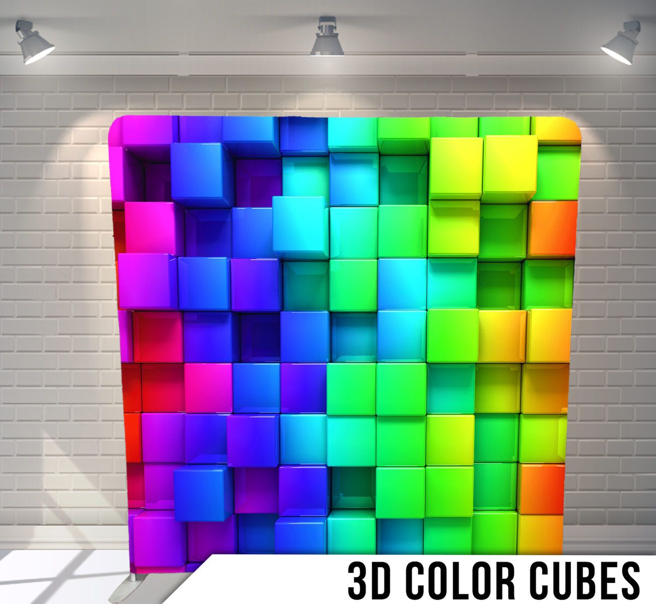 Three-dimensional rainbow colored cubes arranged in a grid pattern creating a vibrant geometric wall display.