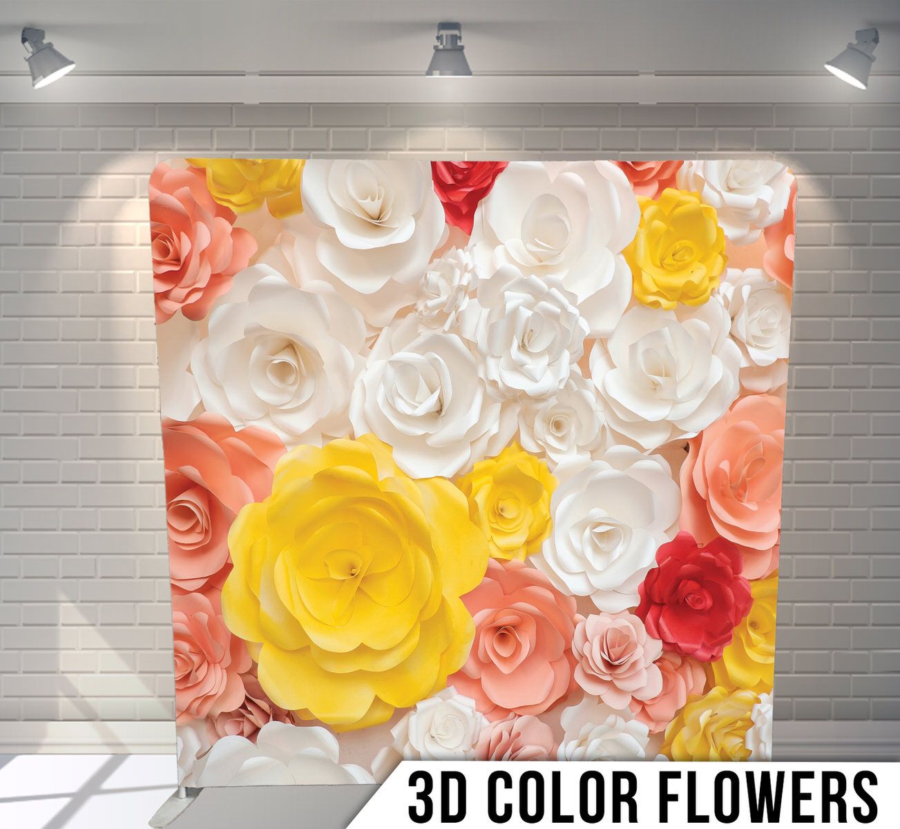 Beautiful 3D paper flowers in white, yellow, pink and coral colors arranged against a white backdrop.