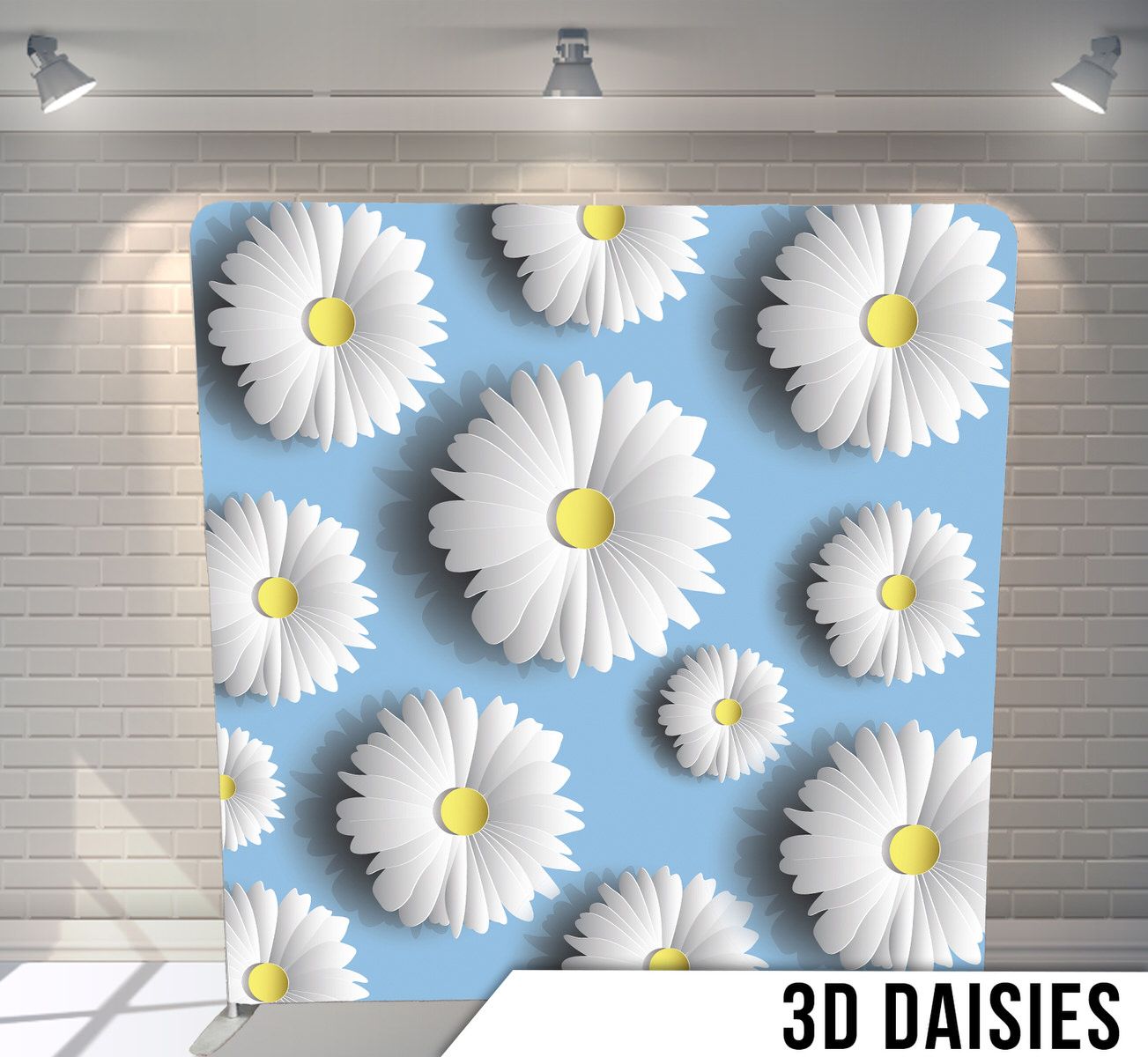 White 3D daisies with yellow centers arranged on a light blue background creating a cheerful pattern.