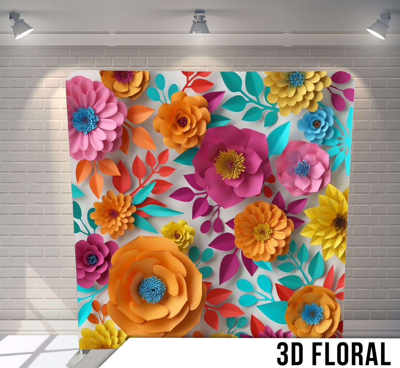 Colorful 3D paper flowers in orange, pink, and yellow with teal leaves creating a vibrant floral display.