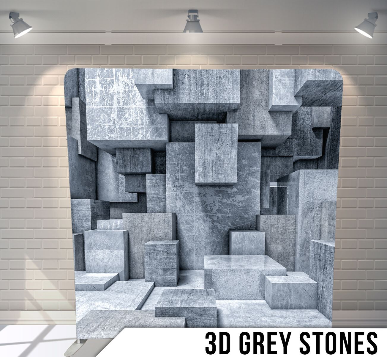 Abstract 3D geometric composition of grey stone blocks creating a dimensional architectural pattern.
