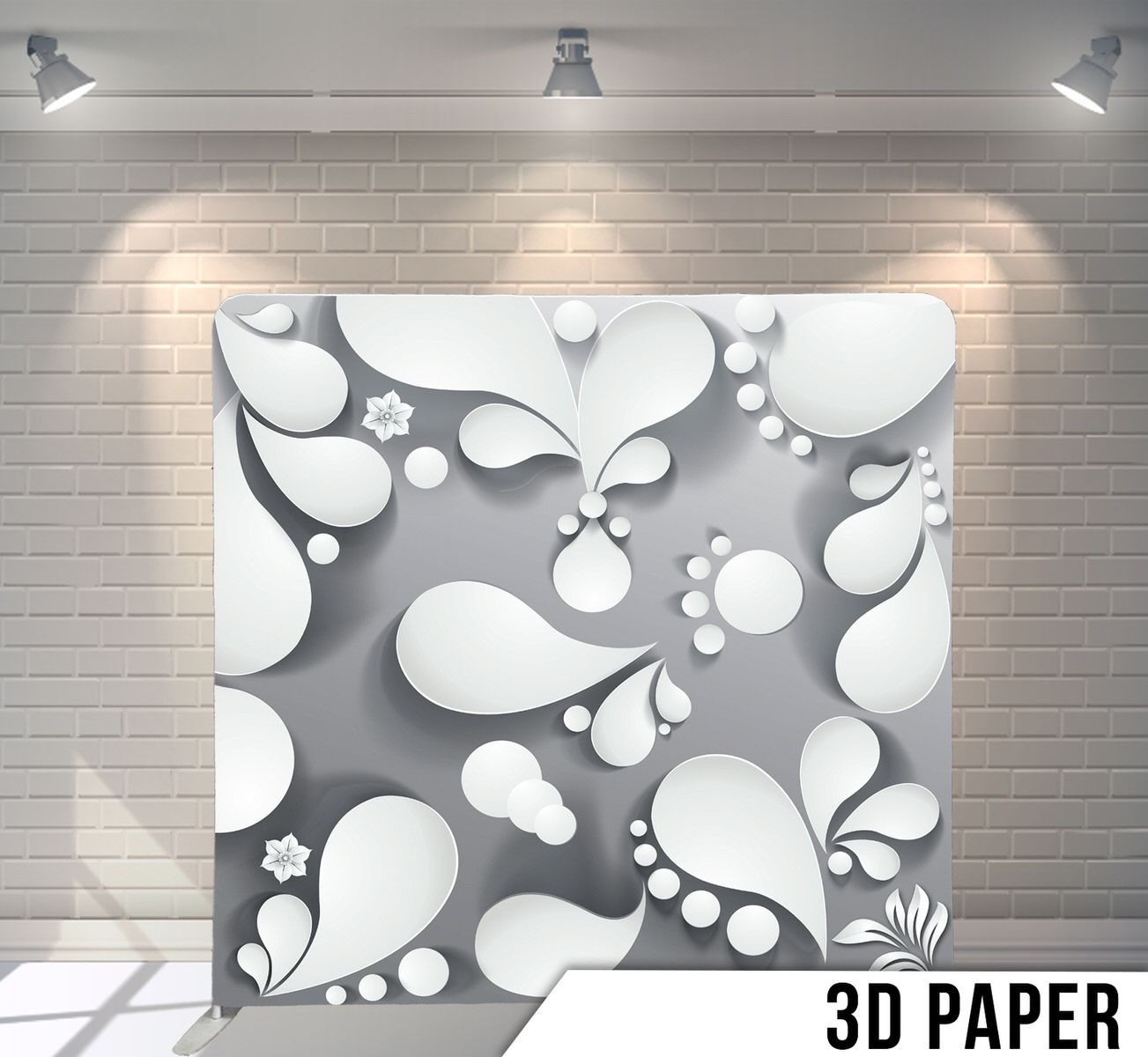 Abstract 3D white droplet shapes creating an organic pattern against a grey background.