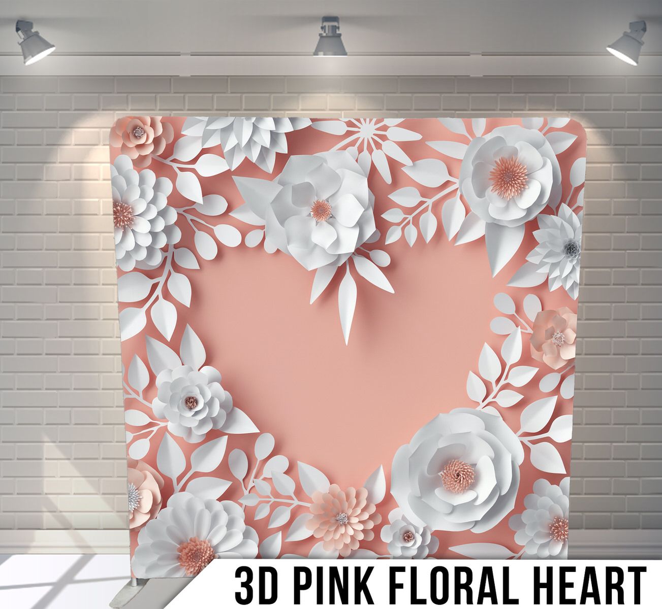 3D paper craft backdrop with white floral elements framing a pink heart shape against a light background.
