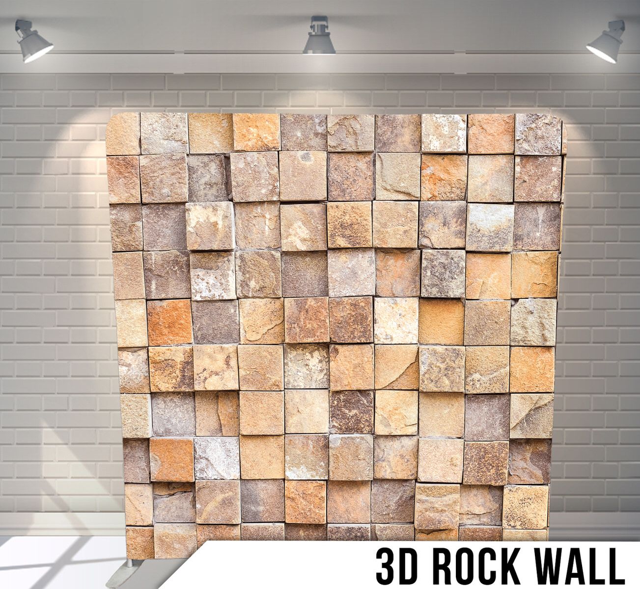 Textured stone wall backdrop featuring beige and orange square blocks in a dimensional pattern.