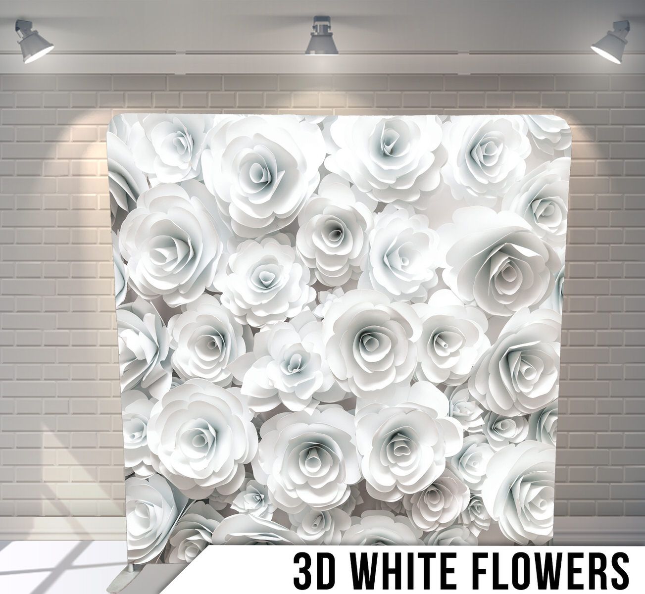 White 3D paper roses arranged in a dense pattern creating a textured floral wall backdrop.