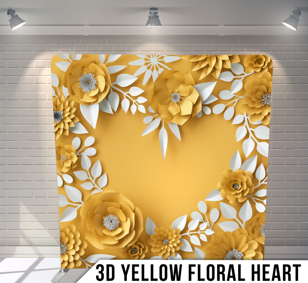 Golden 3D floral design with white leaves arranged in a heart shape pattern against yellow background.