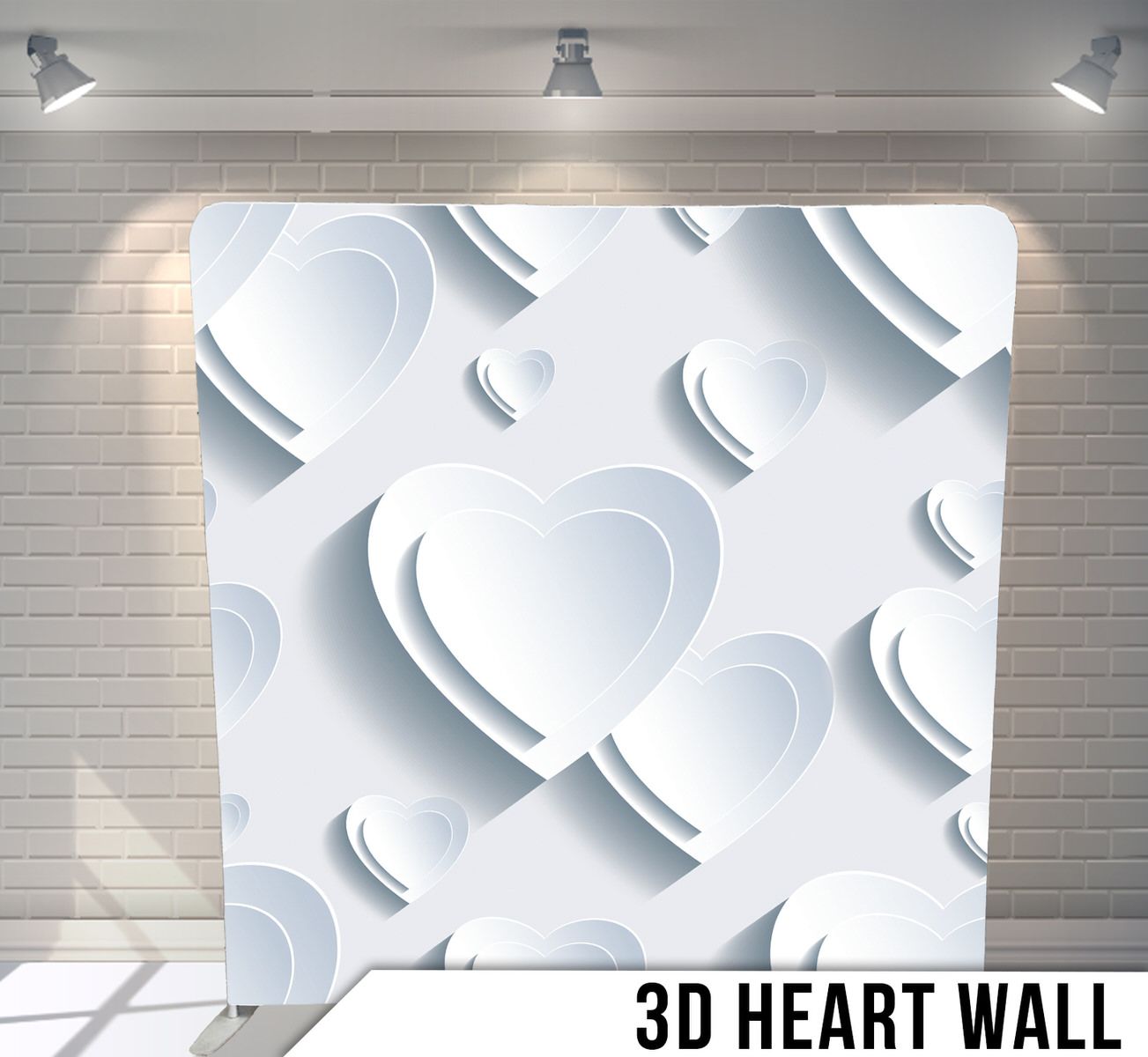 White 3D hearts arranged in a repeating pattern against a light grey background.