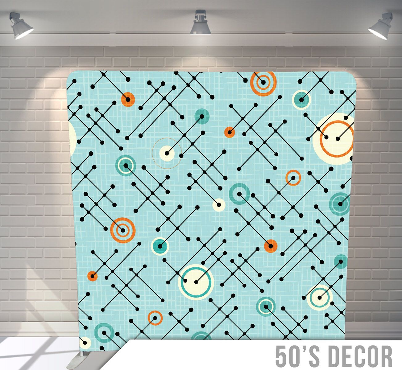 Retro 50s style pattern with geometric lines and circles on light blue background.