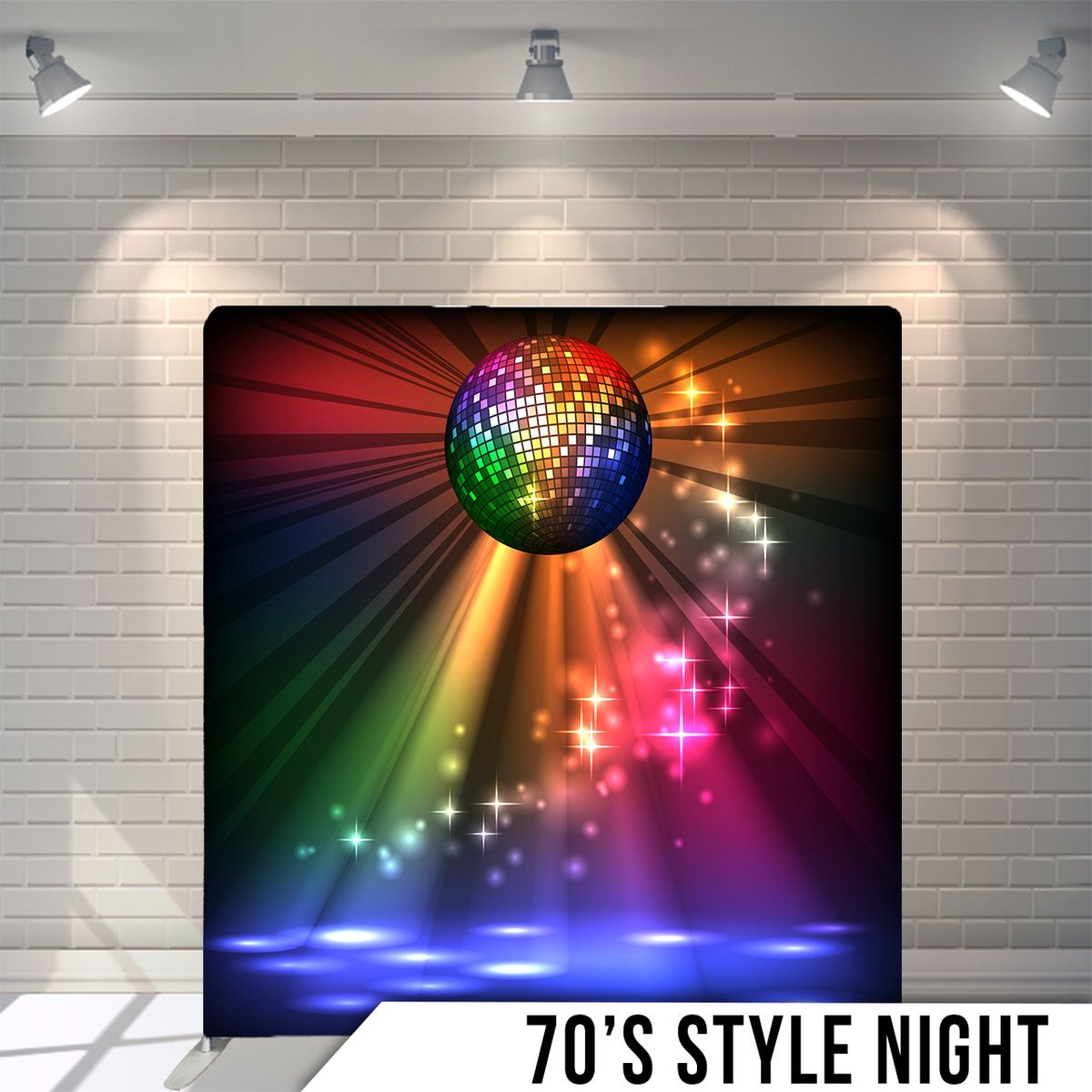 Colorful disco ball emitting rainbow light beams against dark backdrop with sparkles.