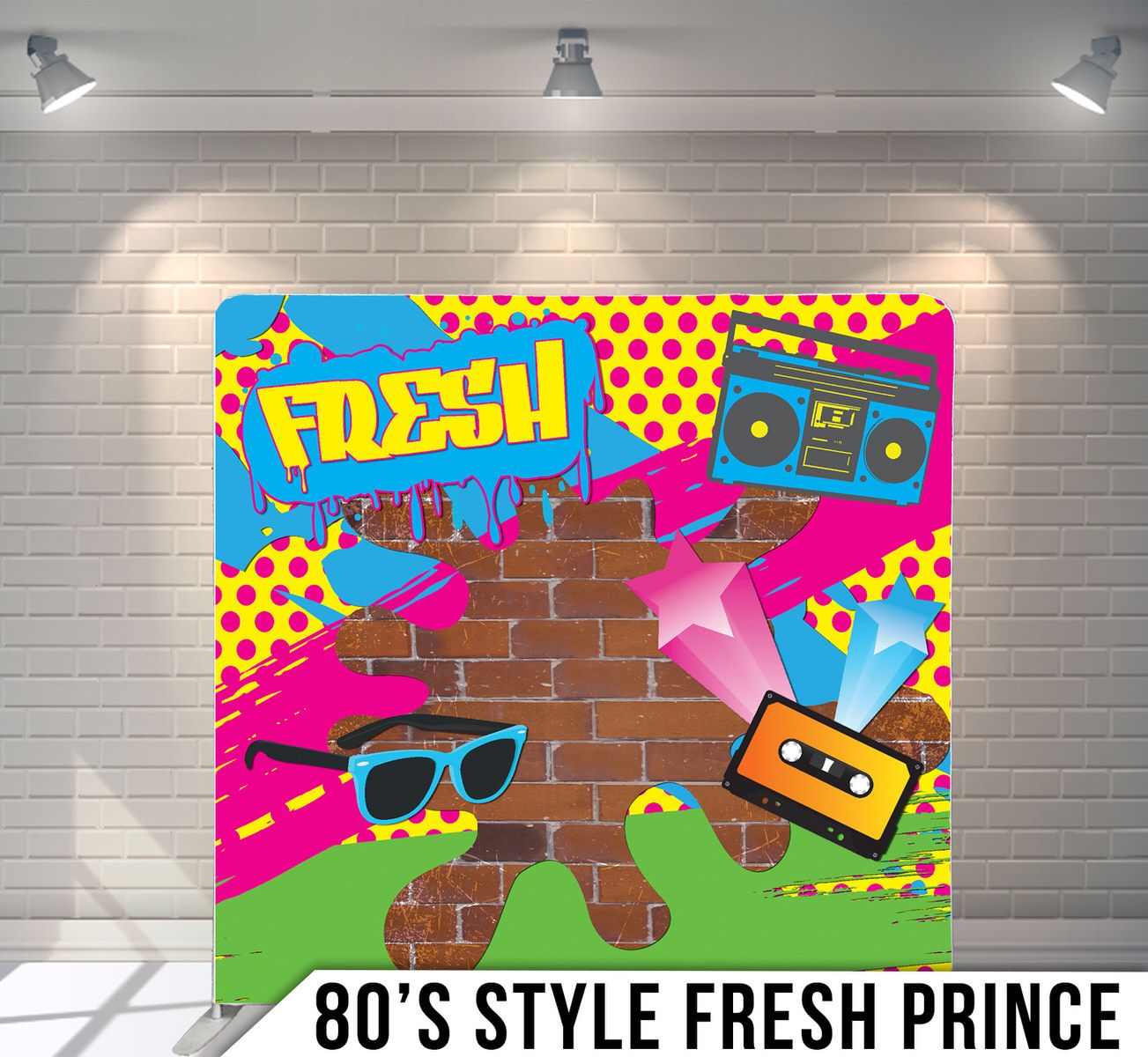 Retro 80s style backdrop with boombox, sunglasses and cassette tape in bright colors.